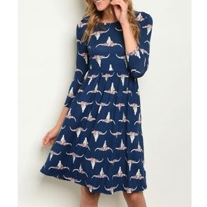 Navy Bull Skull Floral Print 3/4 Sleeve Dress